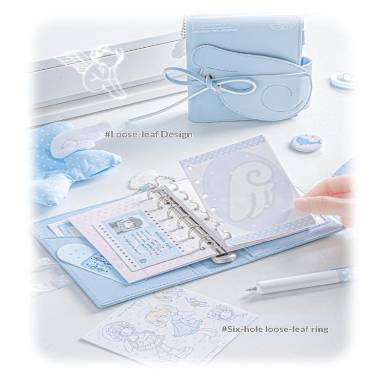 Cute Angel Wings Journal 3 Fold Binder Notebook PU Leather Multi Pocket Waterproof Planner for School Girls Travel Writing