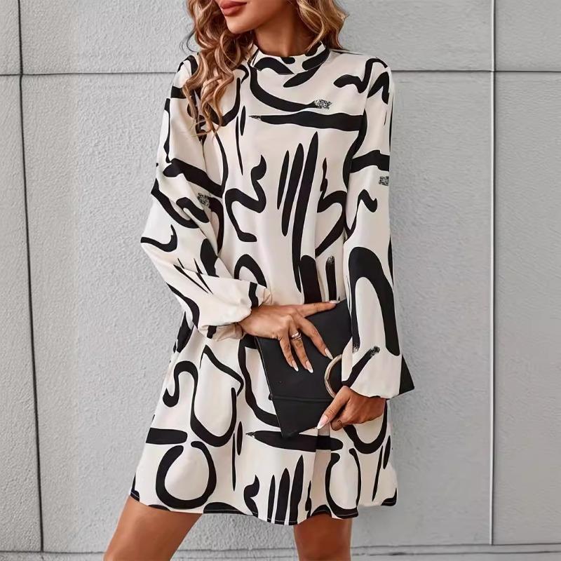 Women's Print Temperament Long Sleeve Crew Neck Dress Fashion Temperament Dress