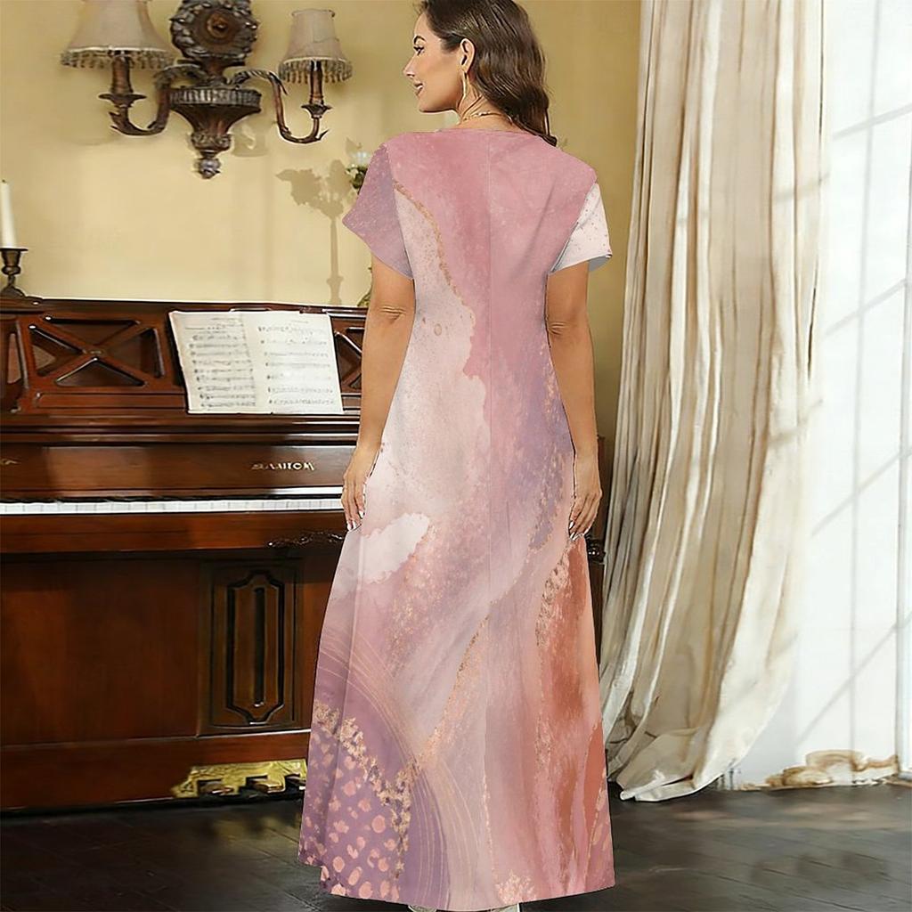 Women Plus Size V Neck Short Sleeve Abstract Printed Straight Maxi Dress