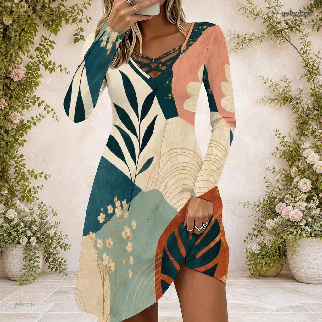 Women Criss Cross V Neck Long Sleeve Fitted Halloween Printed Curved Hem Dress