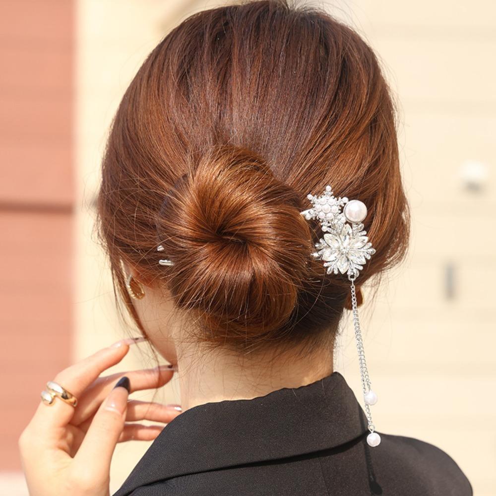 Korean Retro Pearl Rhinestone Tassel Hair Sticks for Women Zircon Crystal Flower Elegant Hair Combs Women Daily U-Shaped Hairpin
