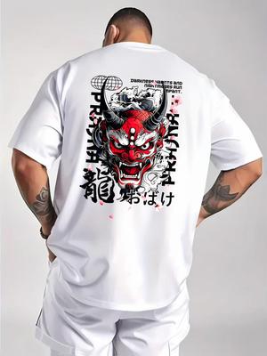 Ανδρικό Ιαπωνικό T-shirt με Εκτύπωση Δαίμονα Oni στην Πλάτη, Έμφαση στο Βαμβάκι Υψηλού Βάρους, Κανονική Εφαρμογή, T-shirt με Στρογγυλή Λαιμόκοψη, Κορυφές Cosplay