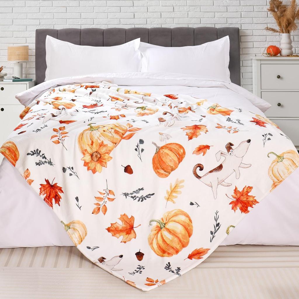 Fall Orange Pumpkin Throw Blanket Thanksgiving Harvest Lightweight Flannel Fleece Throw Blanket Autumn Happy Dog Throw Blankets Cozy Fuzzy Plush