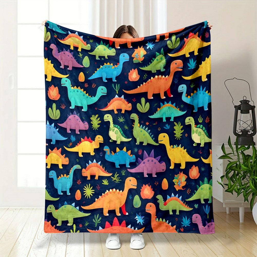 Colorful Cartoon Dinosaurs Pattern Patterned Blanket, Flannel, Suitable for All Seasons, Home Decor, Warm and Cozy