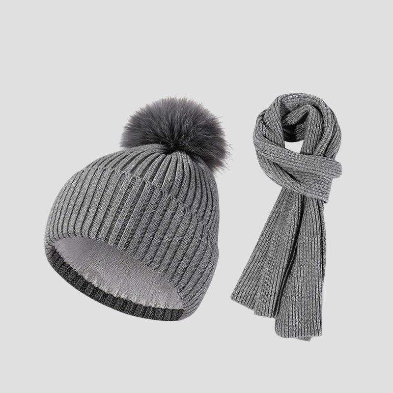 

Autumn Winter Knitted Hat Scarf Two-Piece Wool Hat Women Outdoor Velvet Warm Cap Hat+Scarf сірий