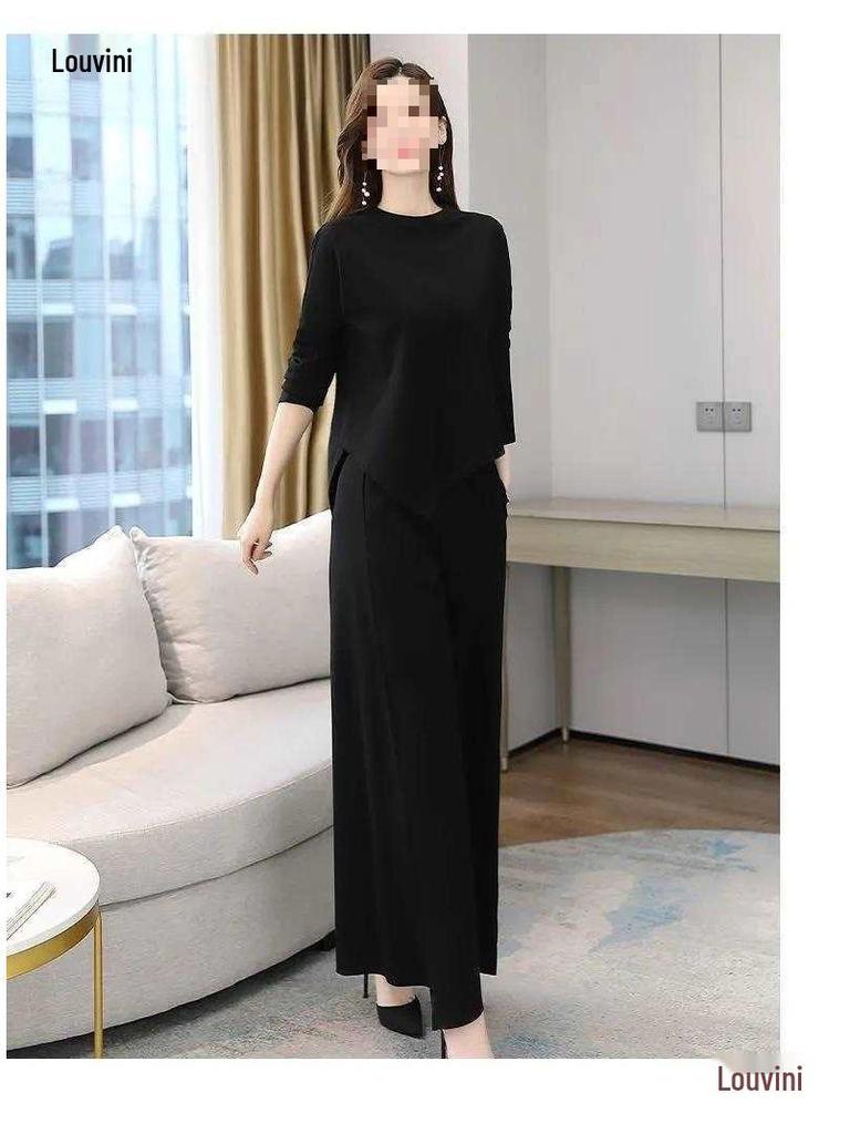2026 Spring/Autumn Women's Slimming Wide-Leg Pants Skirt Suit - Age-Reducing, Tummy-Concealing, Stylish Two-Piece Set