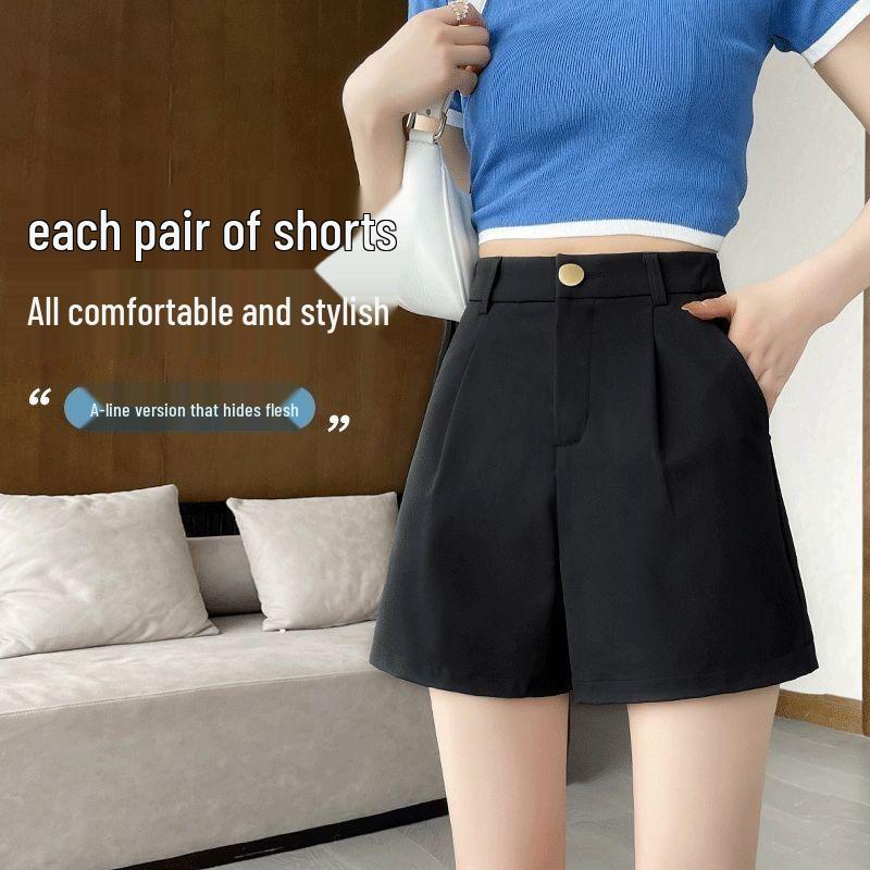 Women's High Waist Slimming Black A-line Suit Shorts for Spring 2026 - Versatile Wide Leg Quarter Pants