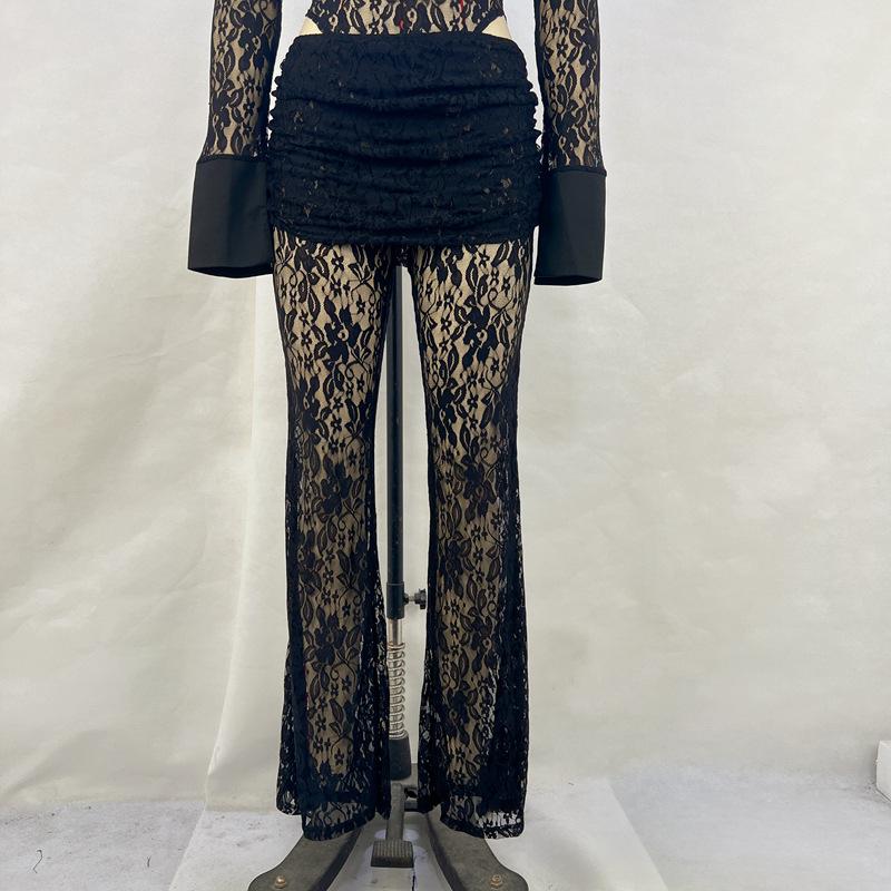 Top Sexy Dantelă Decolteu Adânc V Mânecă Lungă Slim Perspectivă Talie Înaltă Pantaloni Cloș Costum Femei