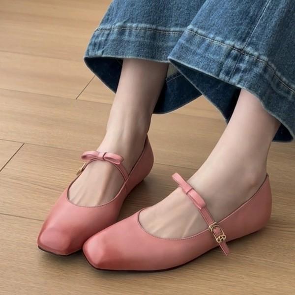 Sheepskin Version~ Leather Bow French Word Belt Mary Jane Shoes Women's Retro Flat Ballet Single Shoes Evening Shoes