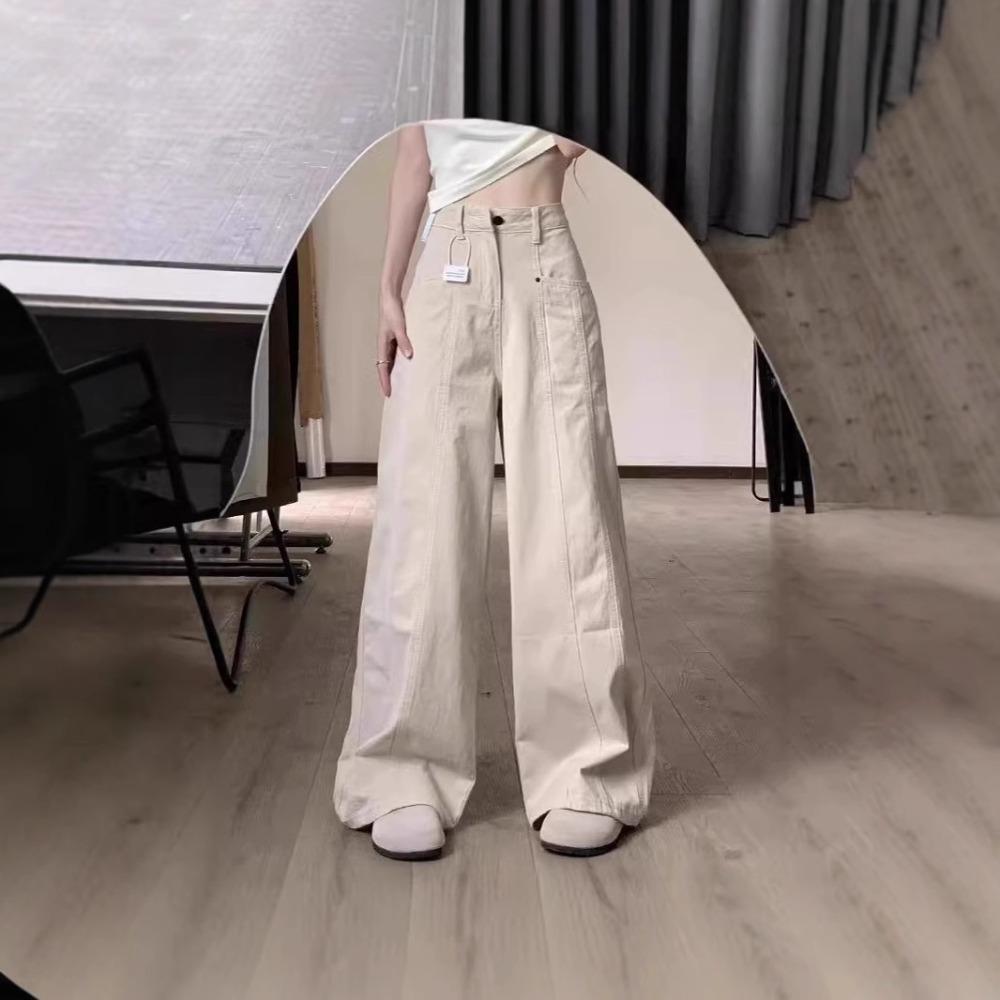 Women's High Waist Wide Leg Cargo Jeans Solid Apricot Straight Denim Pants Loose Draped Floor Length American Retro Casual Trousers
