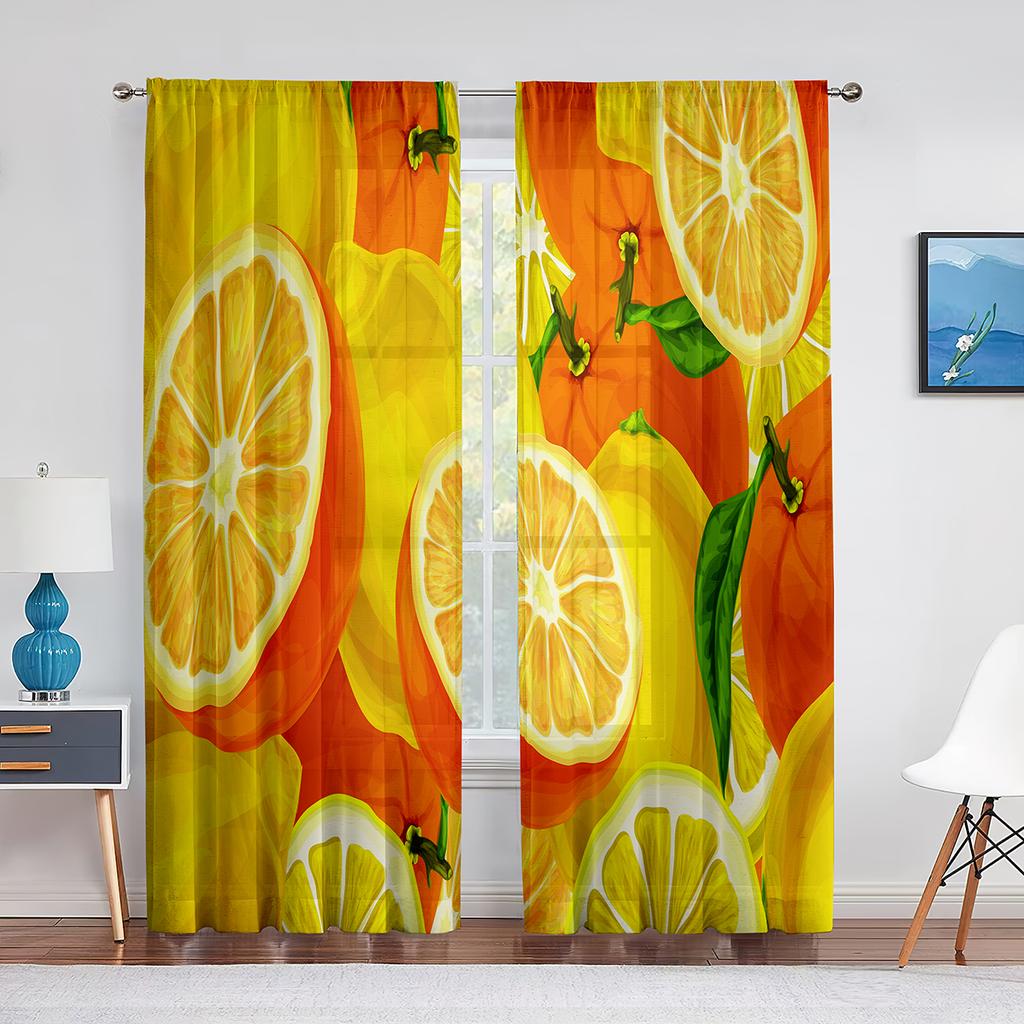 Gelbe Zitrone Frucht Grüne Blätter Transparente Vorhänge Fensterdekoration für Küche Wohnzimmer Schlafzimmer Dekoration Moderne Tüllvorhänge