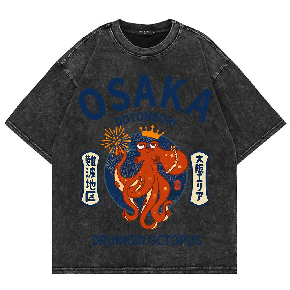 Cotton Vintage Washed Osaka Dotonbori Drunken Octopus T Shirt Hot Fashion Men Takoyaki Oversize Loose Acid Wash Tees Shirts