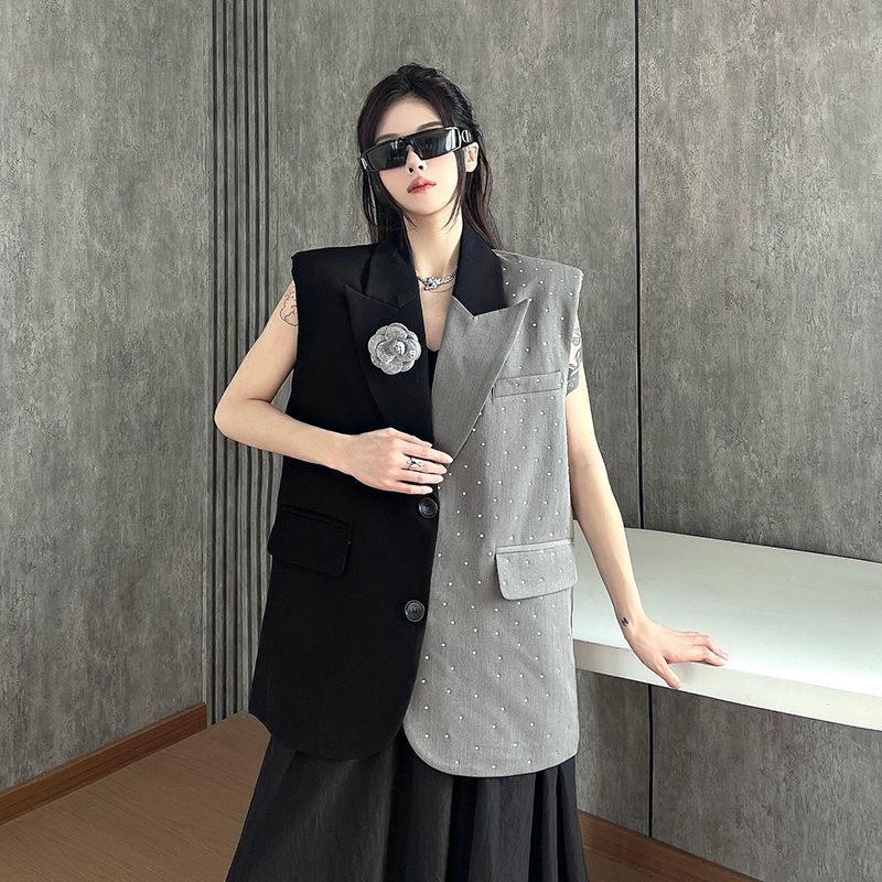 Strass Farbblock Locker Ärmelloser Blazer Weste Sommer Damen Nische Luxus Design Layering Oberbekleidung Weste