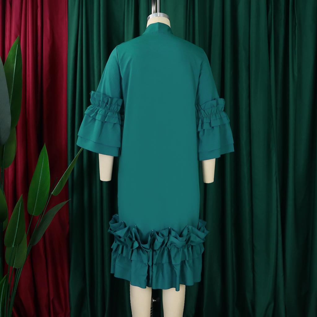 Elegant Office Dresses Women Bow Collar Ruffles Sleeve Straight Mid Calf Fashion Formal Female Business Work Wear Dress Midi Hot