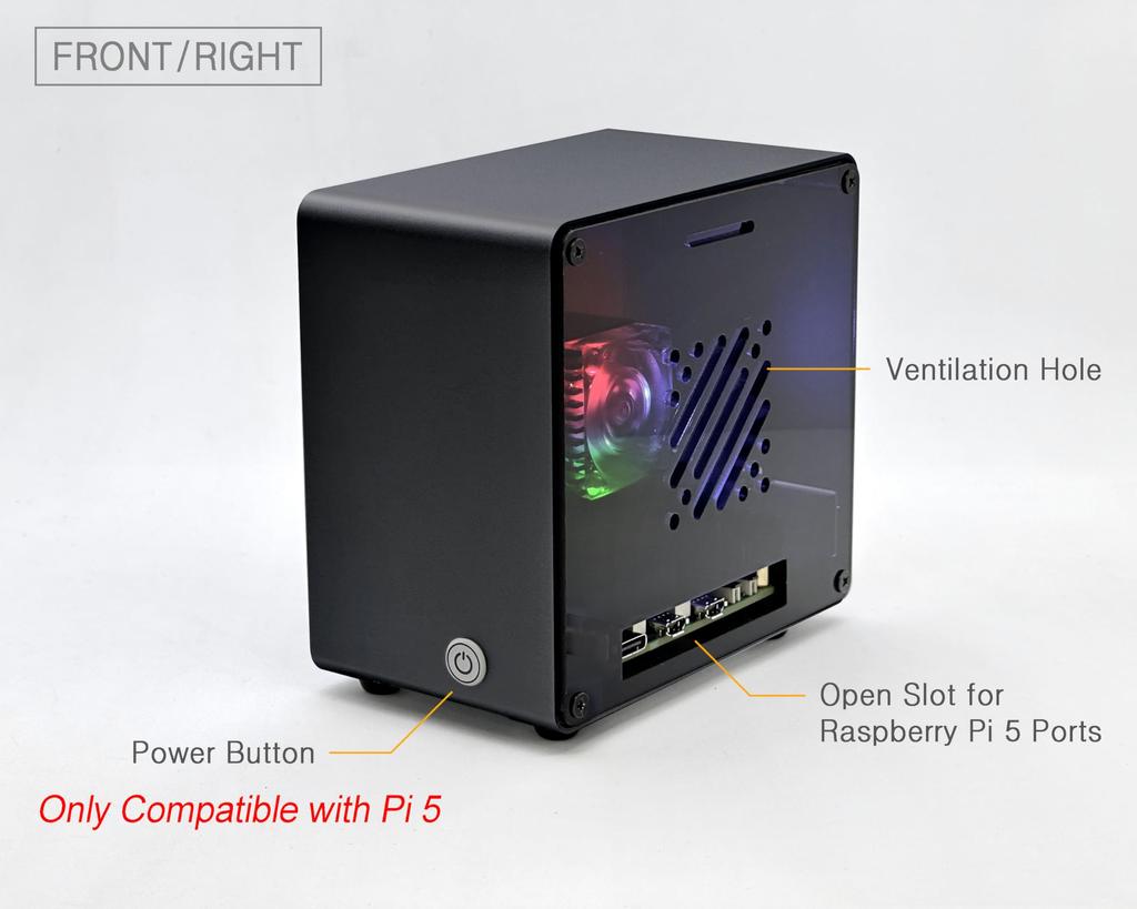 ElectroCookie Raspberry Pi 5 Case, Aluminum Mini Tower Case with Cooling Fan and Color-Changing Ambient Light (Black)