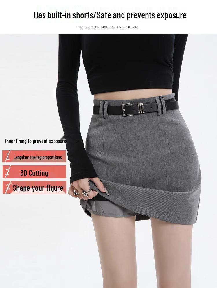 Women's Gray High-Waist A-Line Skirt - Slim Fit, Trendy Short Skirt for Spring and Autumn