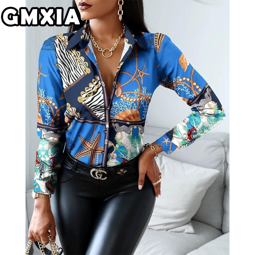 GMXIA Damenmode Lässig Freizeit Einfarbig Druck Langarm POLO Kragen Blusen & Hemden