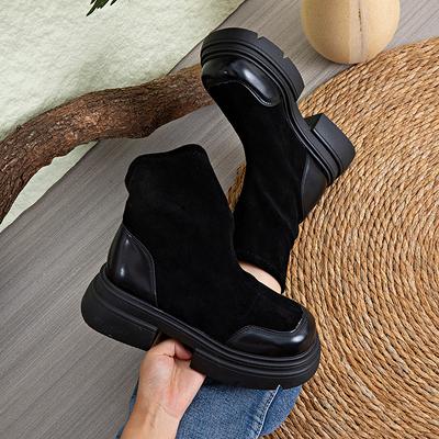 Vintage British Style  Boots for WomenSummer New Warm Versatile Thick-Soled Chunky Heel Short Boots Stretch Slim Boots