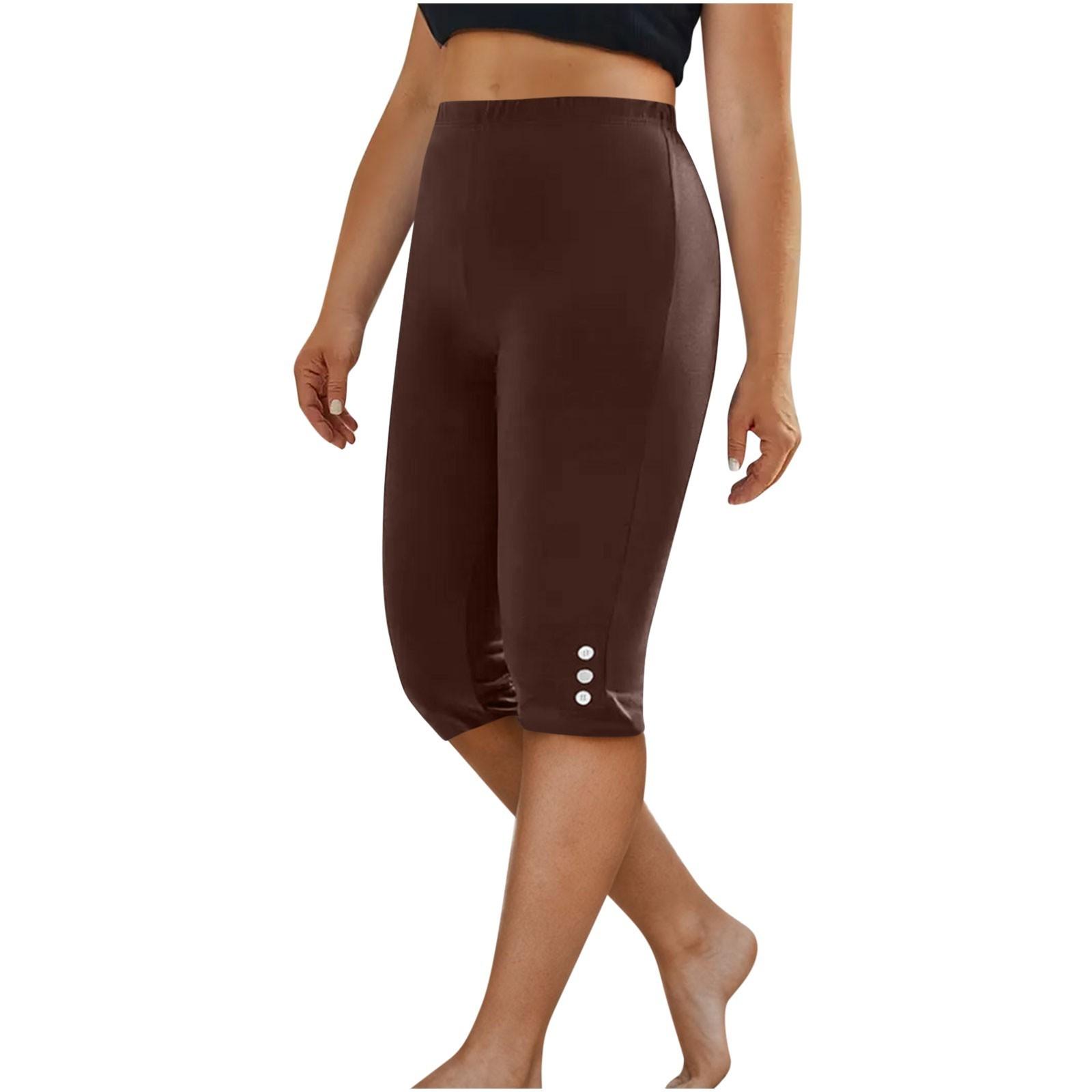 

Women s Fashion Color Casual Bottom Pants Button Sport Slim Five Quarter Pants XL коричневий