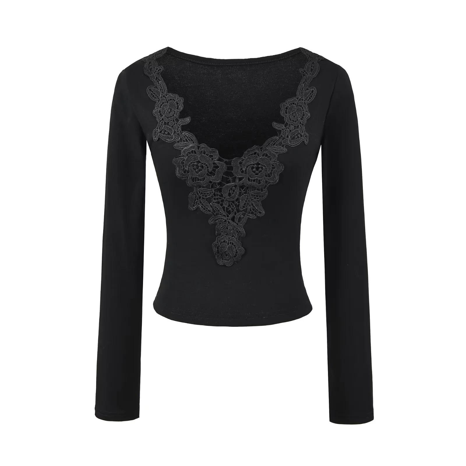 

Women s European V-Neck Lace Long-Sleeve Top - Brushed Velvet, Slim Fit, Autumn/Winter Large
