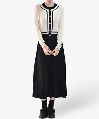 Keulleiseu Wedding Guest Look Color-Blocked Pleated Long Knit Dress_Ivory