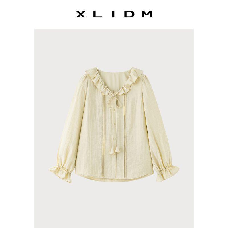 

Xiaoli Plus Size Women s Clothing Breathable Linen 2026 Spring New Style Handmade Petal Tie Shoulder-Flare Collar Shirt Kui Fan Huang (Spot) 4XL
