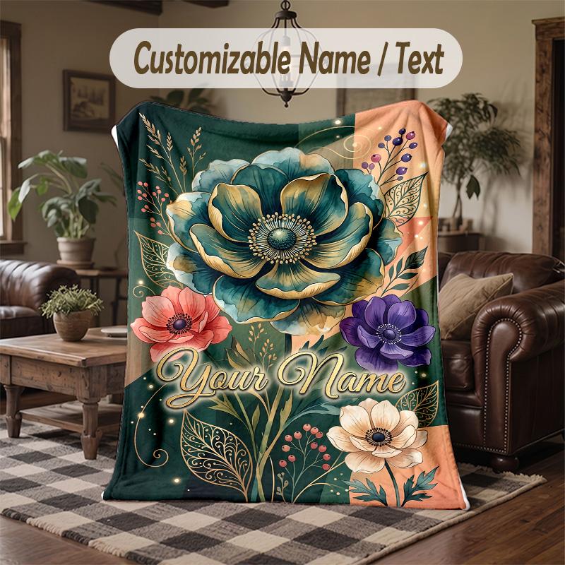 Floral Garden Dreams Theme Throw Blanket Custom Name Text Personalized Blanket Soft Cozy Blanket for Home Sofa Bed