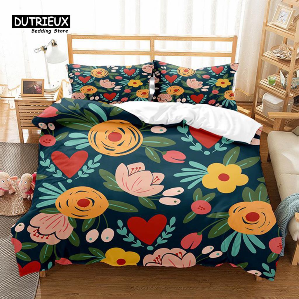 Floral Bedding Set Botanical Duvet Cover Queen Soft Boho Rose Flowers Leaves Print Comforter Cover For Kids Teens Adults Decor