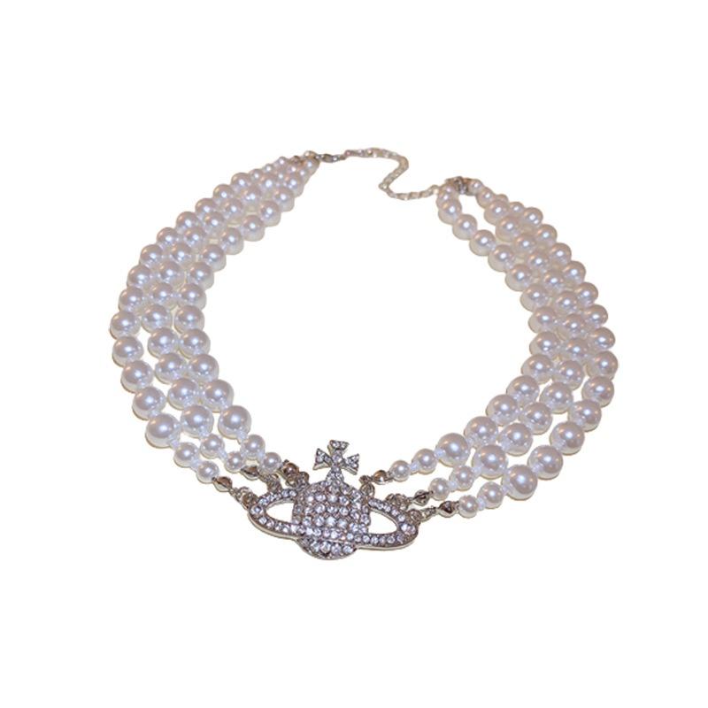 Saturn Luxurious Alloy Planet Orb Faux Diamond Pearl Women Choker Necklace
