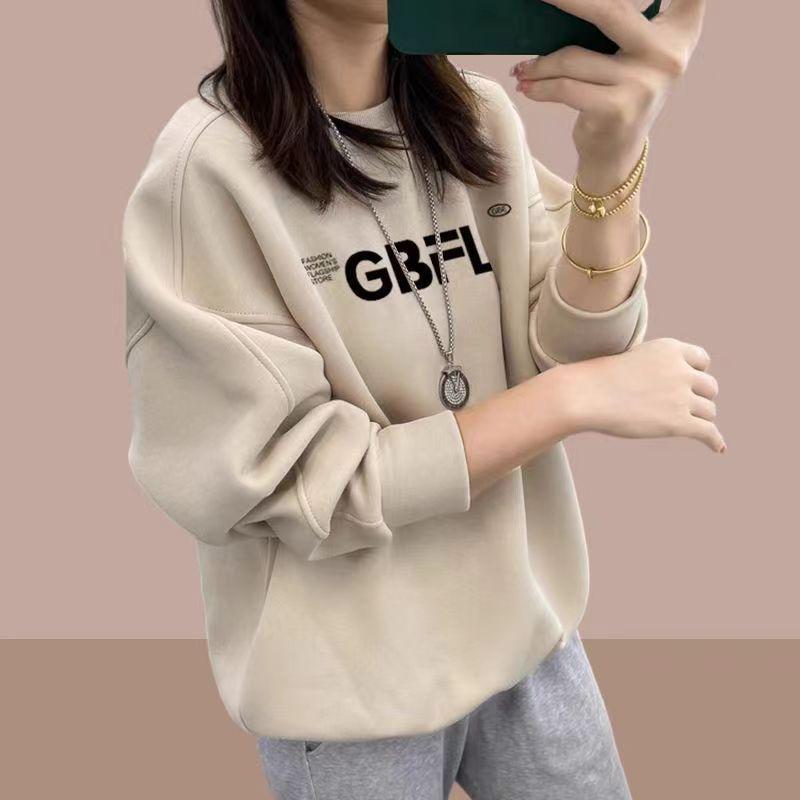 Women's 2024 Cotton Crew Neck Sweatshirt: Thin, Fleece-Lined Loose Pullover for Spring and Autumn.