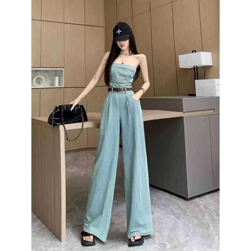 2026 Spring Women s Retro White Denim Jumpsuit with Wide-Leg Pants S
