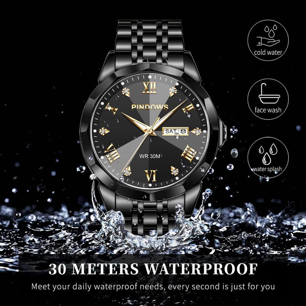 PINDOWS Luxury Business Dress Watch with Analog Quartz Water Luminous Date and Stainless Steel Band for a Classic Business Casual Style Men's