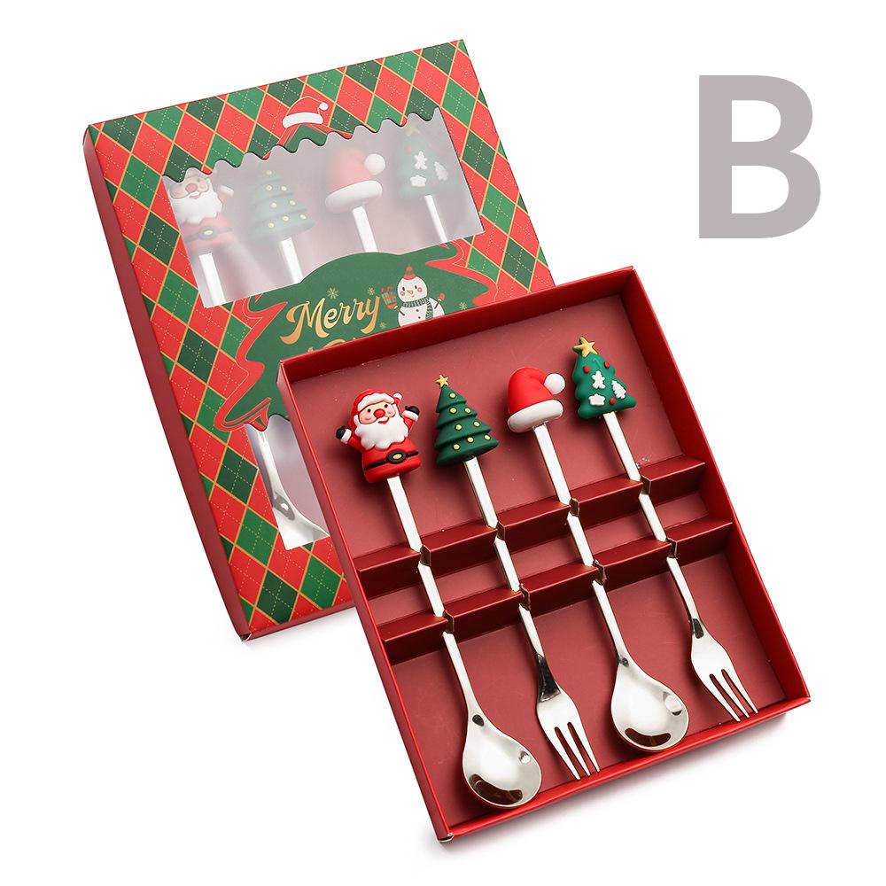 4PCS Cute Christmas Spoon Set Coffee Spoon Creative Spoon Fork Christmas Gift Box Tableware Ice Cream Dessert Fork Spoon