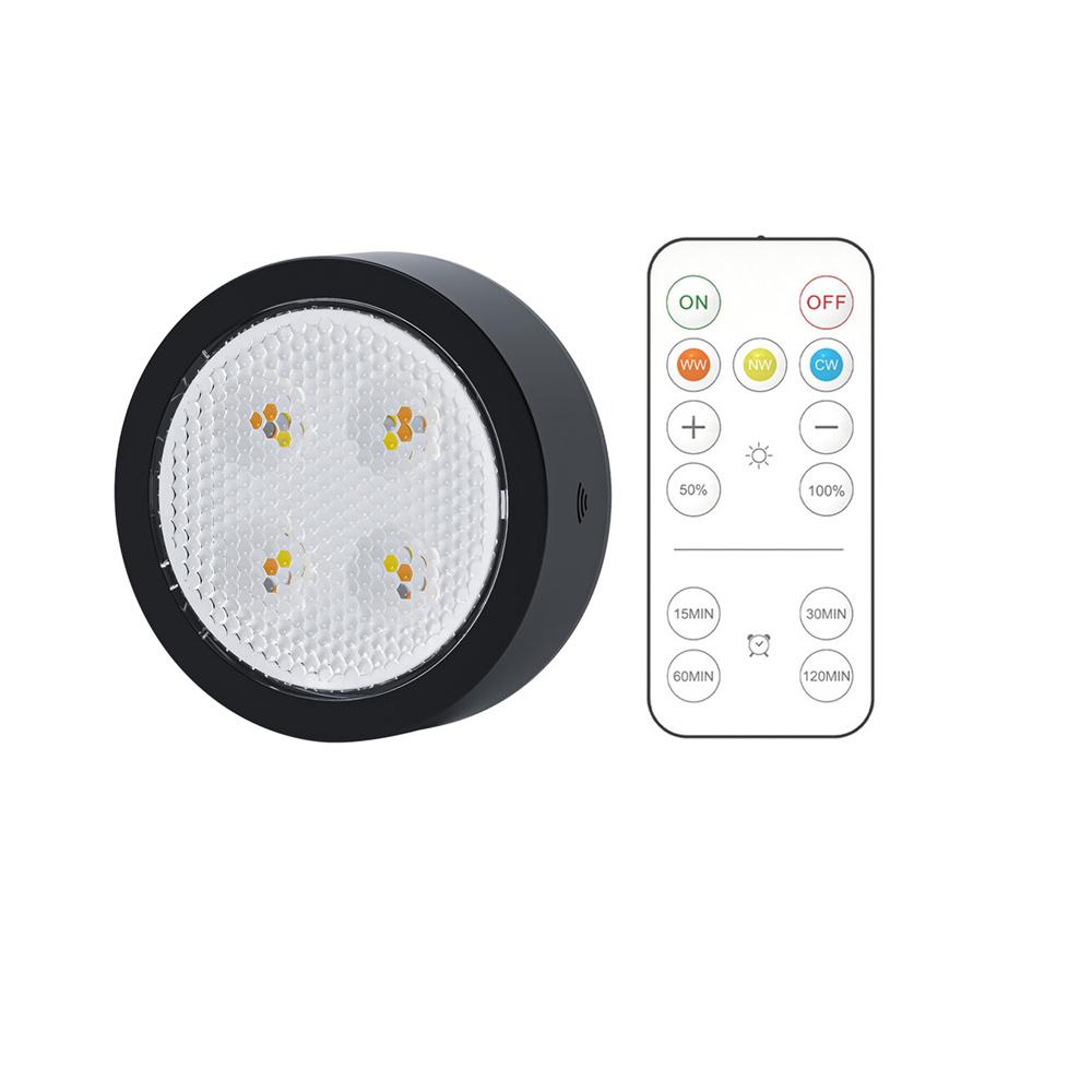 

86 мм светодиодный светильник-шайба 3 цвета в 1 беспроводной черный светильник для шкафа на батарейках для использования в помещении для кухни, фойе Battery Powered&3 Colors in 1