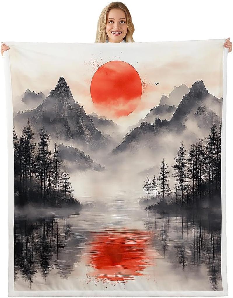 GUOYU Blanket Red Sun Throw Blanket Black Mountain Tree Fuzzy Blanket Japanese Style Blanket for Bed Couch Sofa Kids Boys Teens Room Decor