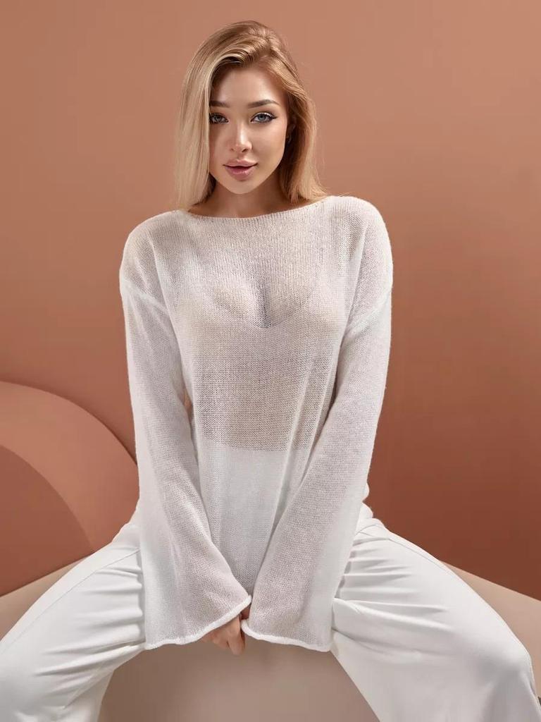 European-American Thin Round Neck Bell Sleeve Knitted See-through T-shirt (Spring/Summer 2025 Collection)