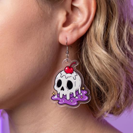 Holiday Party Accessories 1 Pair Acrylic Halloween Earrings for Women, 2D Flat Cute Cartoon Funny Skeleton Earring Ghost Skull Dangle Drop Earrings,