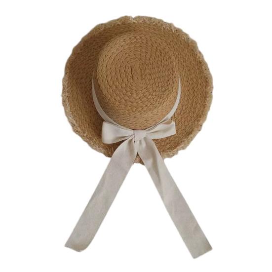 Children Straw Hat, Ribbon Bowknot Decor Wide Brim Beach Hat, Furry Trim Round Shape Summer Hat for Outdoor Play Travel Size#A