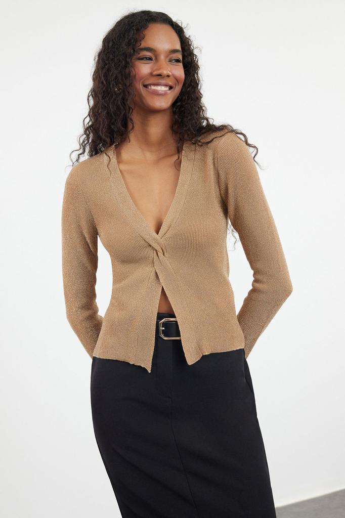 Women's Fashionable Stylish Sweater Black Glitter Slit Detailed Knitwear Sweater