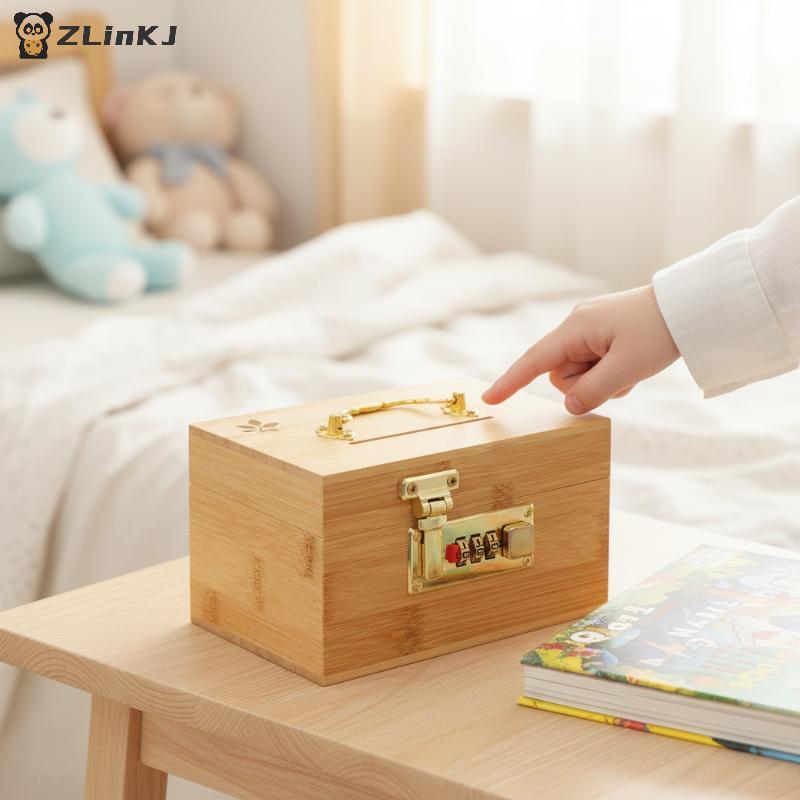 Dřevěná pokladnička s číselným zámkem, Truhla s pokladem, Spořicí box, Malý bezpečný zámek