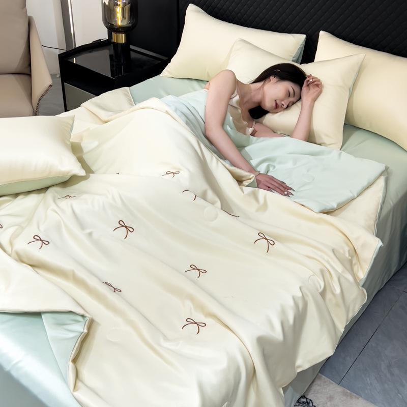 Washable Ice Silk Embroidered Summer Quilt Set - Four Pieces for Cool Comfort