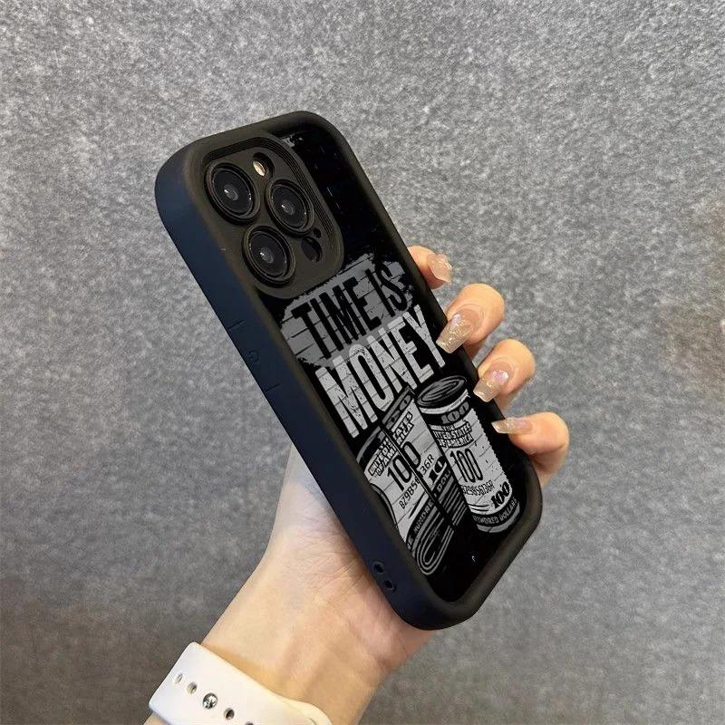 Luxury Phone Case For iPhone 16 15 14 12 11 13 Pro Max Time is Money Printed Soft Cover For iPhone 16E 15 16 Plus 7 8 Case Cover