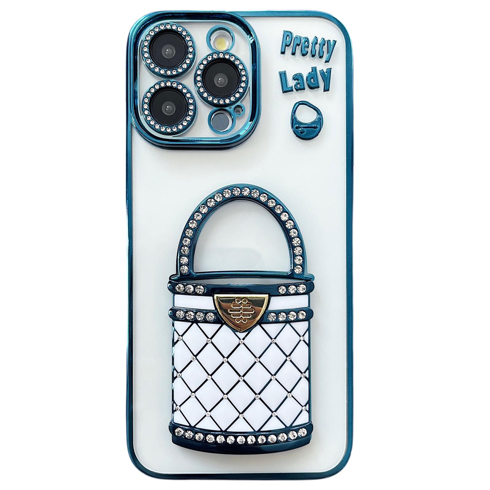 

For iPhone 15 Pro Case Mirror Kickstand TPU+PC Mobile Back Cover Design Blue