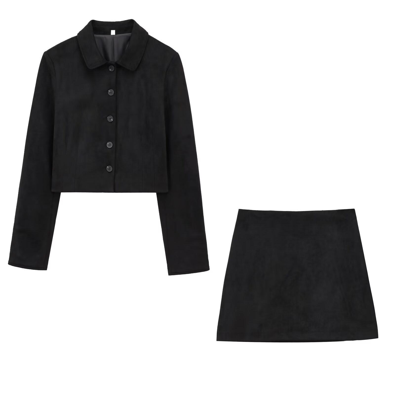 

2025 Women s Winter Suede Mini Skirt and Short Jacket Set XS