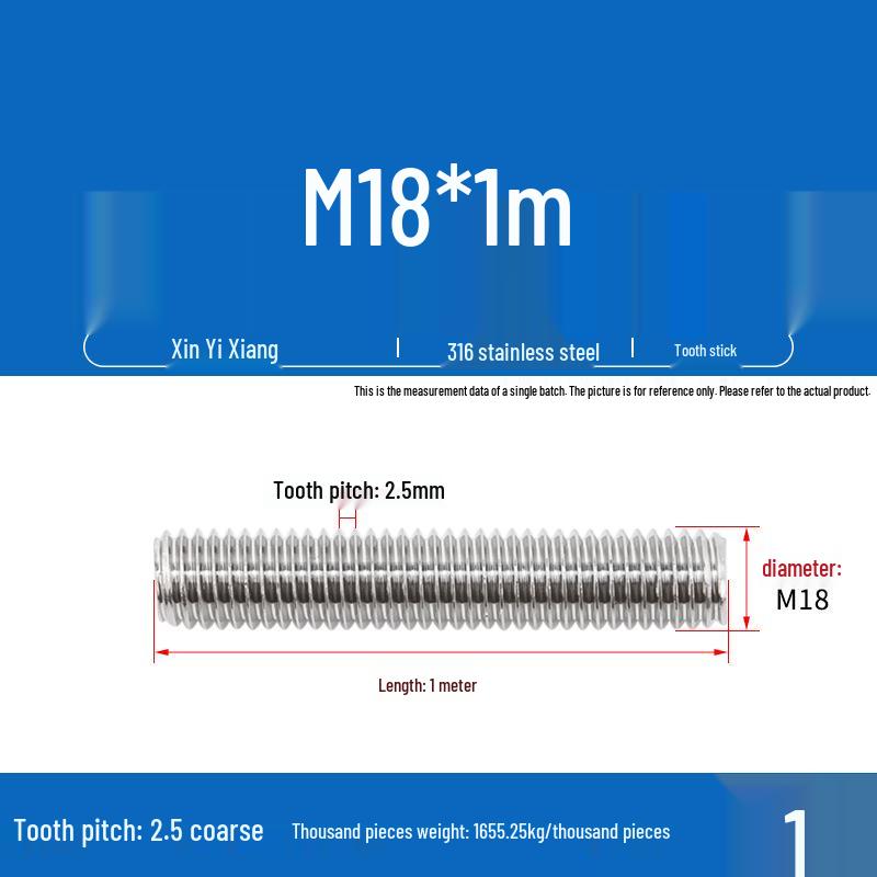 304 Stainless Steel Full Threaded Rod Bar - 1 Meter, Available in Sizes: M3, M6, M8, M10, M12.