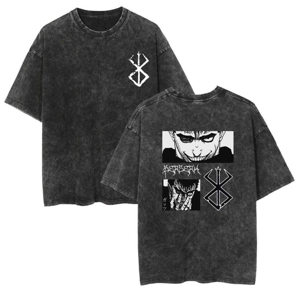 Fit Summer Berserk Stained Leather Washed Vintage Short Sleeve Tshirt Warrior Shirt Retro High Street Loose Cotton Top