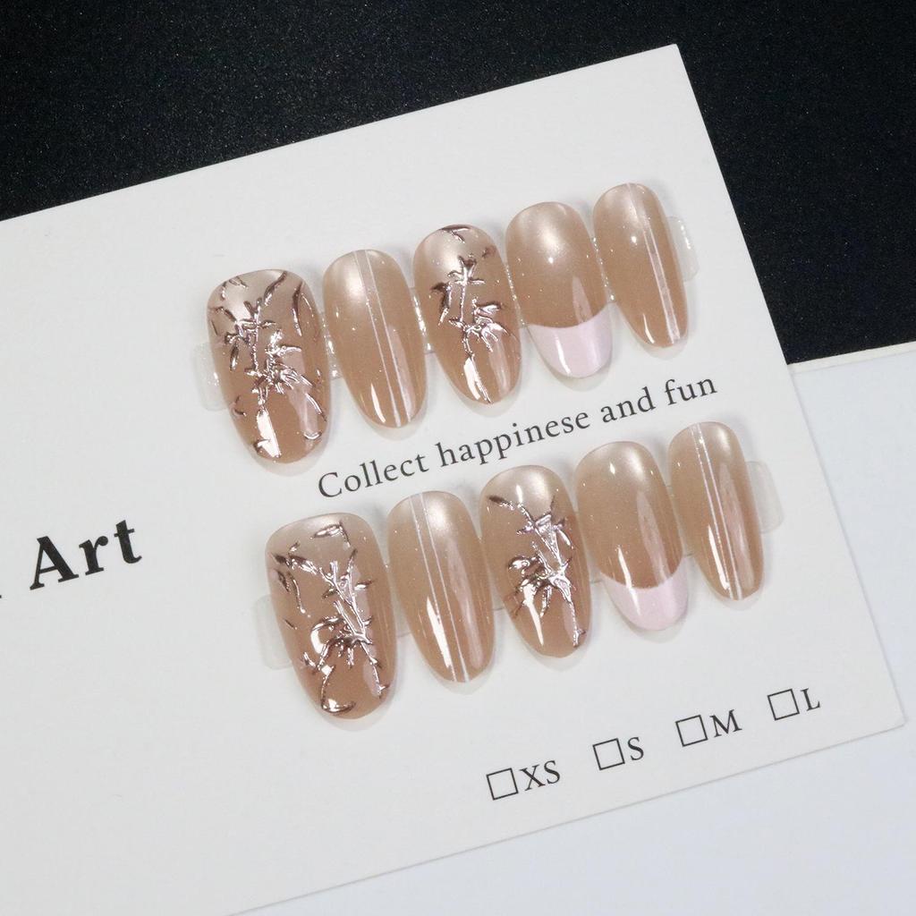 30-Piece Light Luxury Gold Foil Cat Eye Wearable Nails - Chinese Style Ice Transparent Pre-made Nail Tips