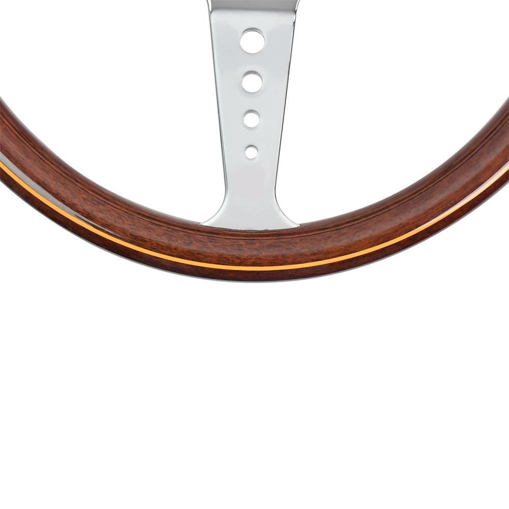 Volante Retrò Classico Effetto Legno 350mm Argento 3 Raggi Foro Tondo Staffa Volante da Corsa con Linee Gialle