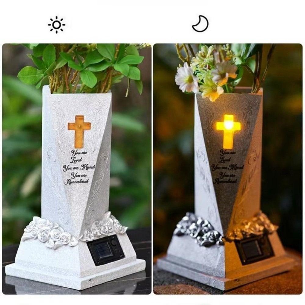Resin Solar Cemetery Vase Solar Powered Hand-Painted Decorative Grave Flower Vase Cross Ornament Memorial Floral Holder