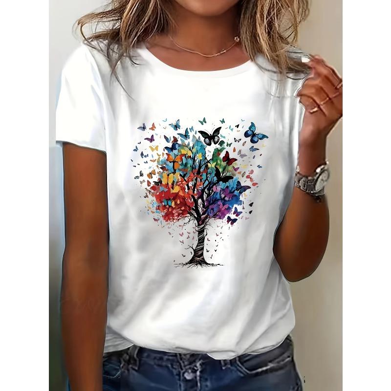 European Size [Butterfly T-Shirt] Colorful Round Neck Women s Regular Fit T-Shirt | Butterfly Tree Pattern Print S белый